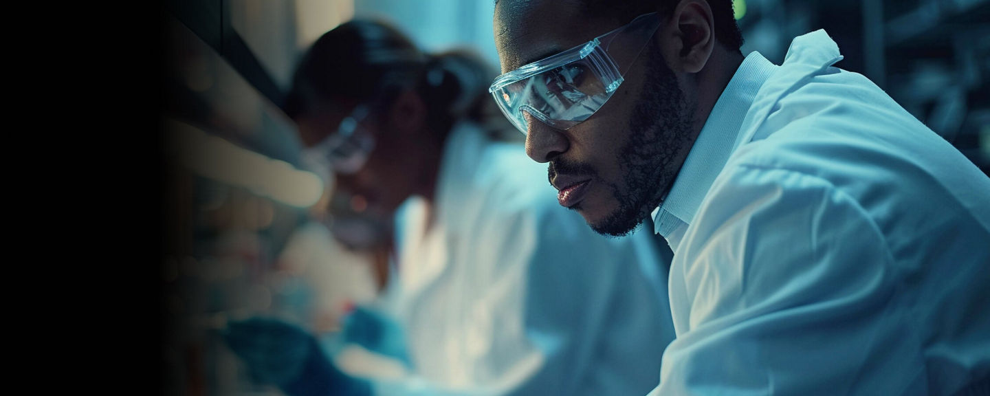 Scientist wearing protective eyewear focusing on laboratory work, with another researcher blurred in the background.