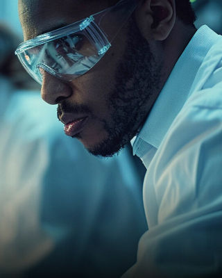 Scientist wearing protective eyewear focusing on laboratory work, with another researcher blurred in the background.