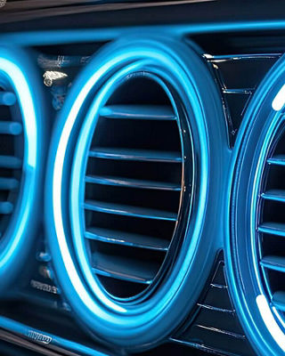 Close-up of illuminated blue automotive air vents symbolizing advanced cooling or air-conditioning technology.